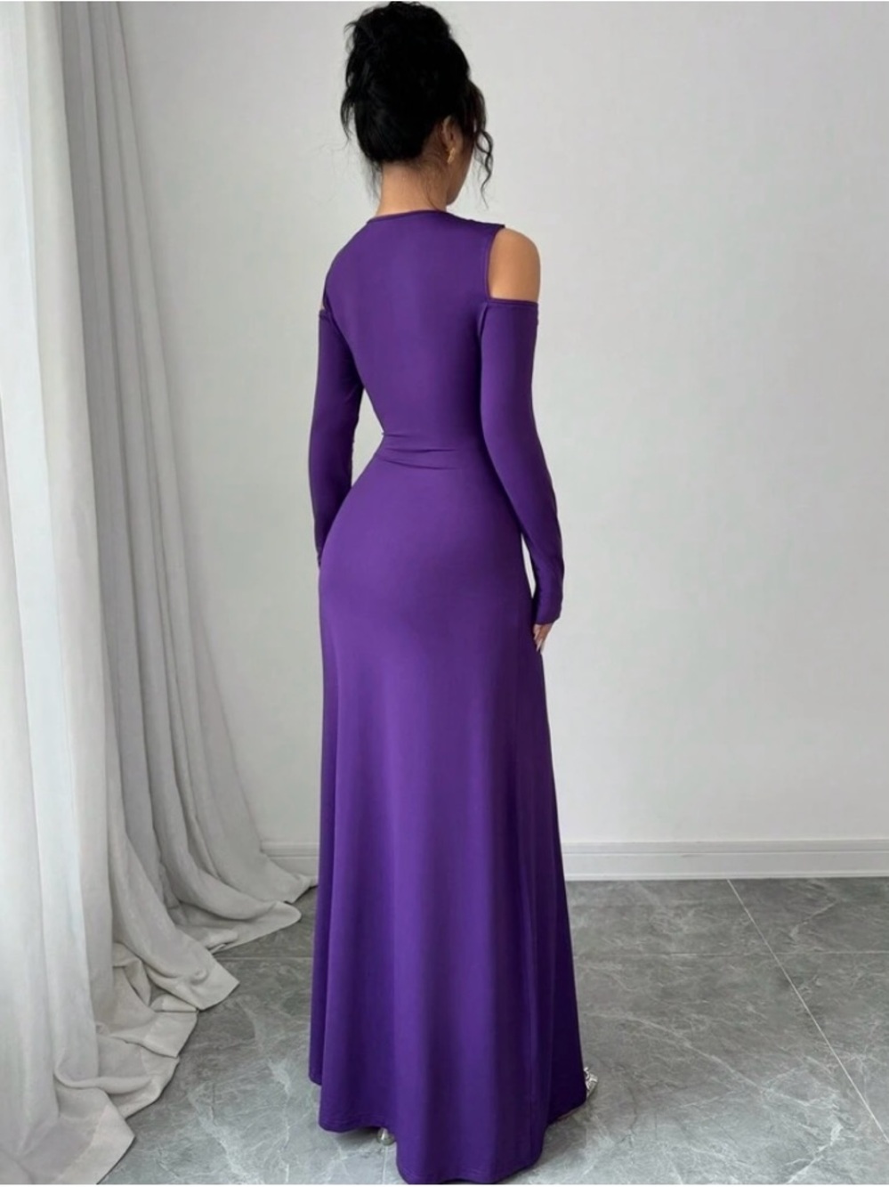Purple cold-Shoulder Long Sleeve Dress - Picture 3 of 3